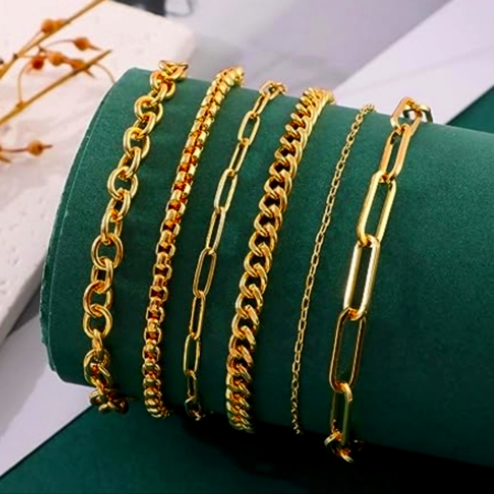 14k Gold Paperclip, Cuban, Danty Chain Bracelets Set of 6 NWT - Picture 1 of 2
